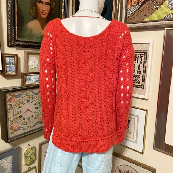 Free People Red Cable Knit Sweater With Eyelet Design For Women Size S - Picture 3 of 6
